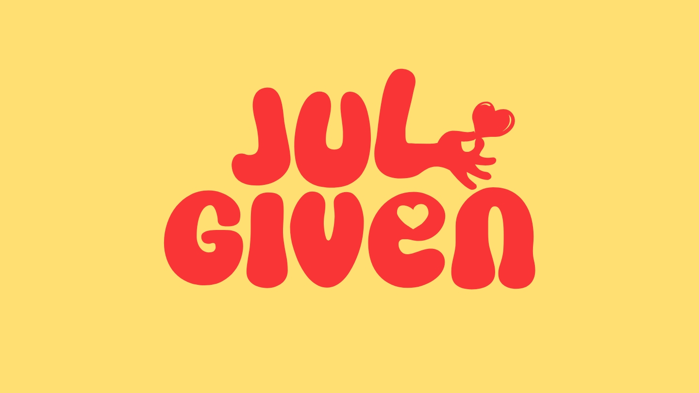 Röd logotyp mot gul bakgrund. Logotypens text: "Julgiven"